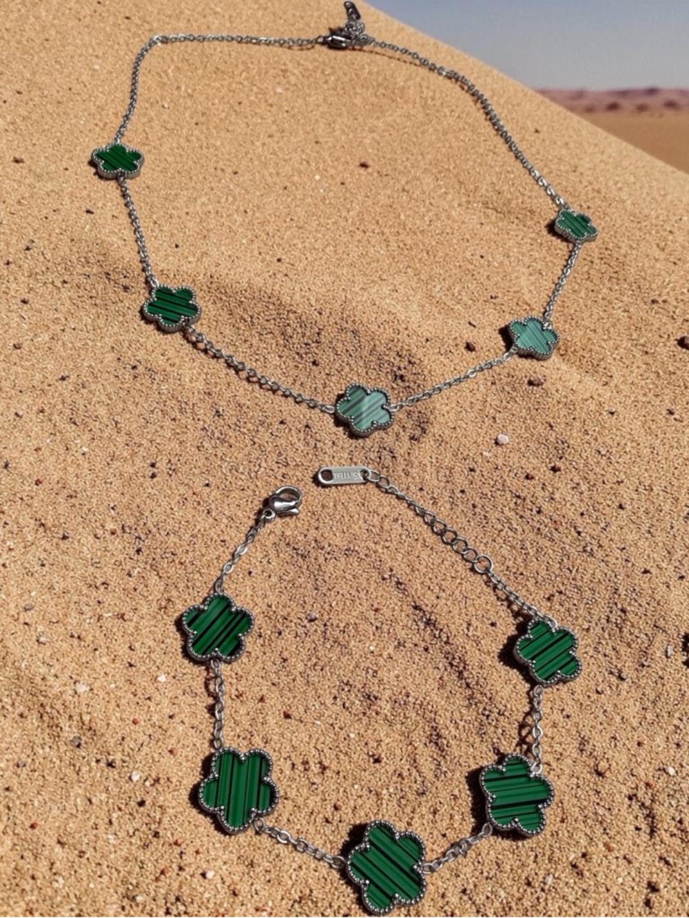 Green Clover Link Necklace and Bracelet Set - Women's Jewelry